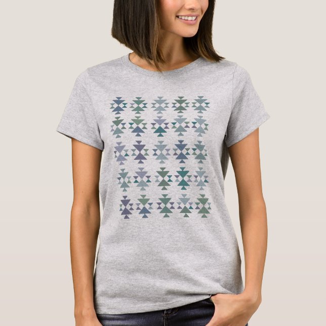 Earthy Blue Green Geometric Triangle Aztec Pattern T-Shirt (Front)