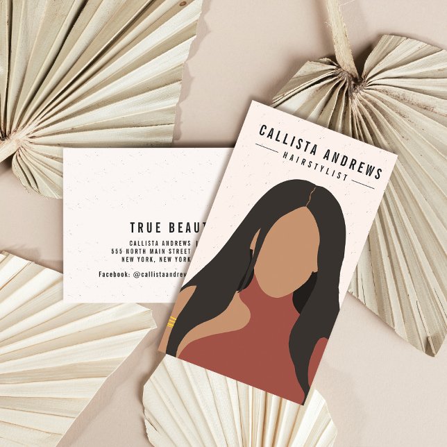 Earthy Bohemian Black Hair Girl Hairstylist Salon Business Card (Creator Uploaded)