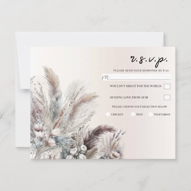 Earthy Bohemian Floral Feathers Wedding RSVP Invitation (Front)