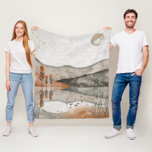 Earthy Bohemian Lake Terracotta Moon Landscape Fleece Blanket