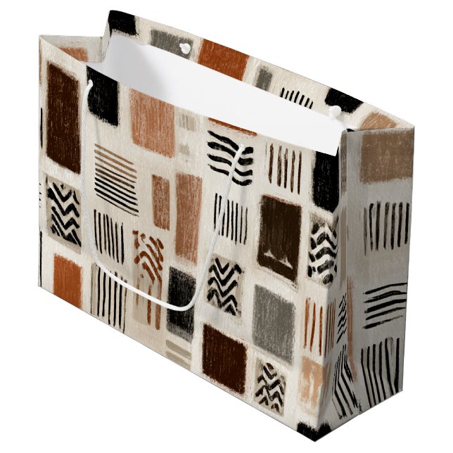 Earthy Boho Abstract Grid - Hand-Drawn Texture Large Gift Bag (Front Angled)