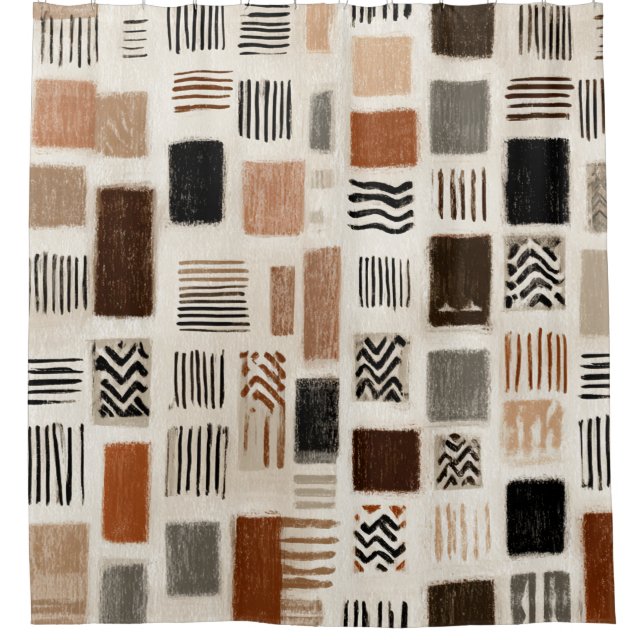 Earthy Boho Abstract Grid - Hand-Drawn Texture Shower Curtain (Front)