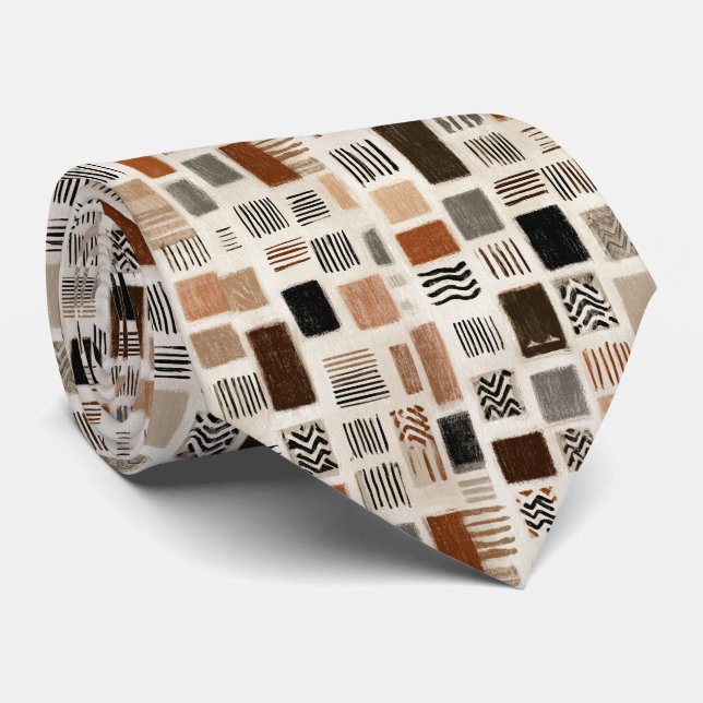 Earthy Boho Abstract Grid - Hand-Drawn Texture Tie (Rolled)