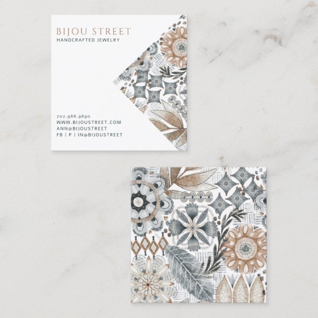 Earthy Boho Abstract Jewellery Designer Square Business Card (Front/Back)