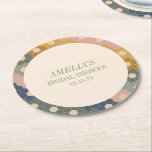 Earthy Boho Chic Vintage Custom Bridal Shower Round Paper Coaster<br><div class="desc">Elevate your celebration with these Customisable Modern Hexagon Pattern Bridal Shower Coasters, featuring a sophisticated design in earthy tones of green, beige, blue, and golden hues. Perfect for bridal showers, weddings, or any special event, these coasters add a personalised and stylish touch to your tablescape. The hexagon border and minimalist...</div>