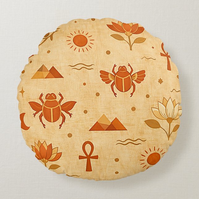 Earthy Boho Egyptian Pattern-Minimalist Pharaonic Round Cushion (Front)