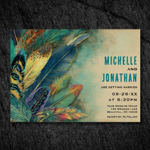 Earthy Boho Feathers Turquoise Teal Wedding Invitation