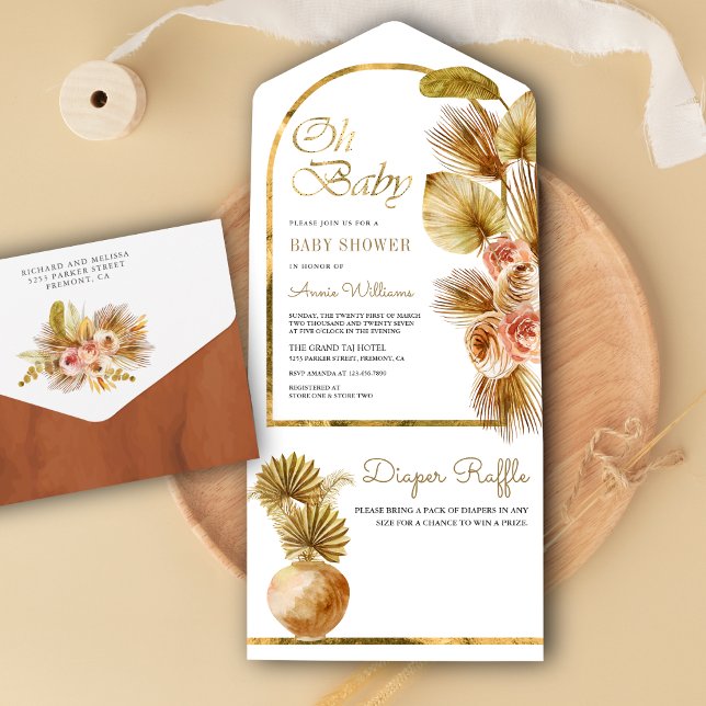 Earthy Boho Floral Arch Dried Palm Baby Shower All In One Invitation (Creator Uploaded)