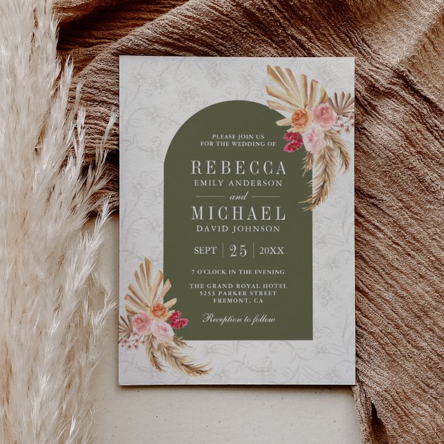 Earthy Boho Floral Pampas Sage Green Wedding Invitation (Creator Uploaded)