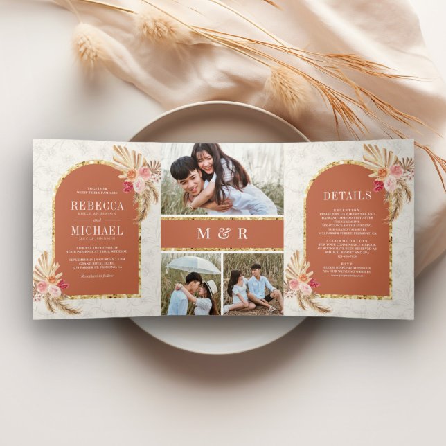 Earthy Boho Floral Pampas Terracotta Wedding Tri-Fold Invitation (Creator Uploaded)