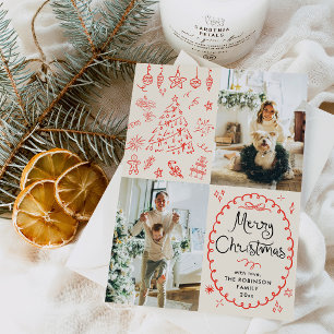 Earthy Boho Hand Drawn Merry Christmas 2 Photo Holiday Card