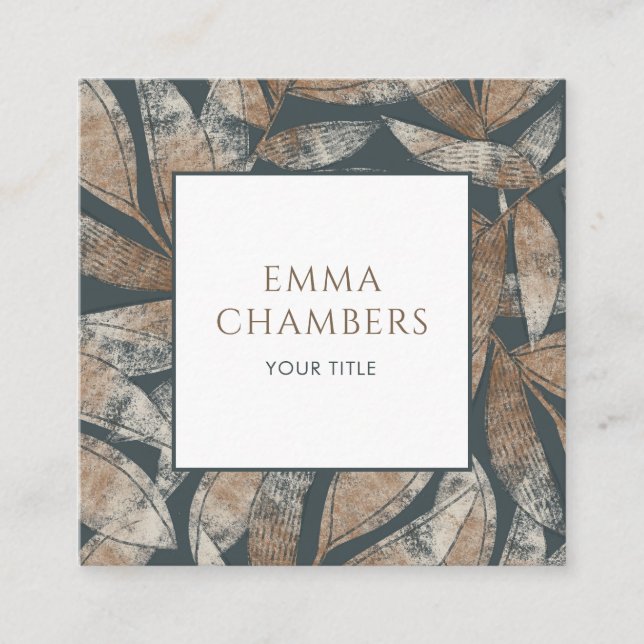 Earthy Boho Leaves Square Business Card (Front)