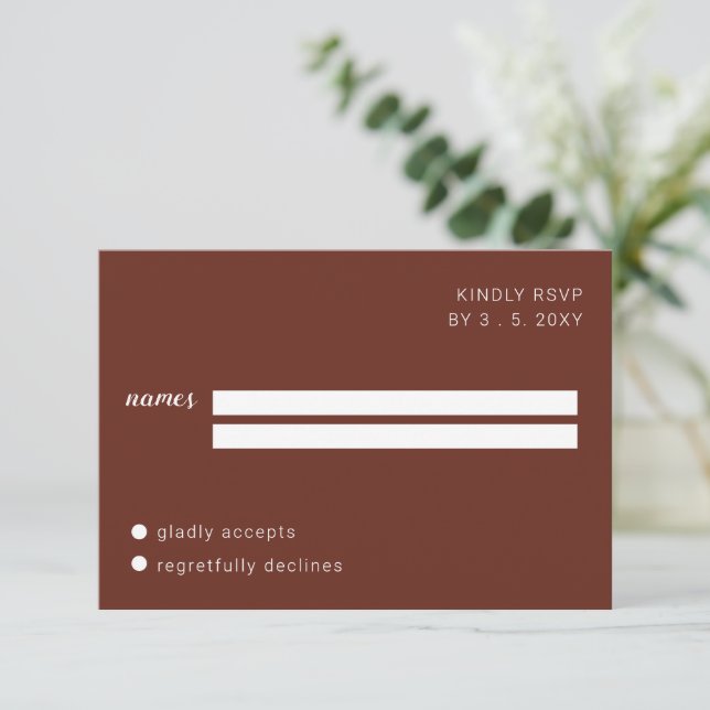 Earthy Boho Minimalist Script Calligraphy Wedding RSVP Card (Standing Front)