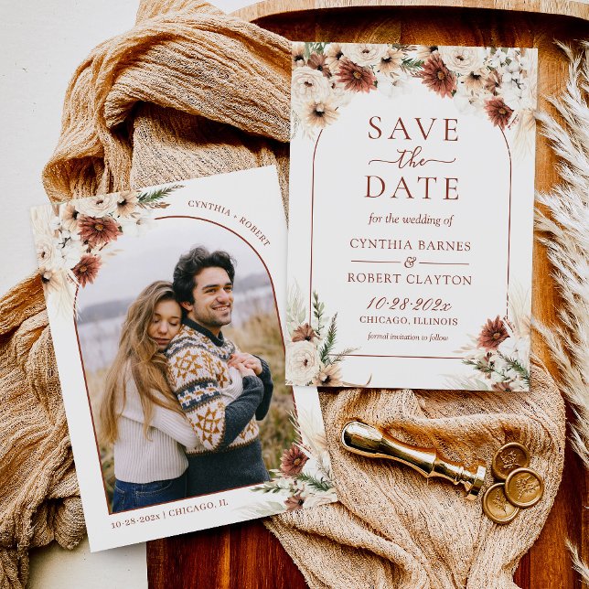 Earthy Boho Pampas Grass Floral Arch Photo Save The Date (Ideal for boho-inspired weddings, garden ceremonies, or a nature-inspired theme.)