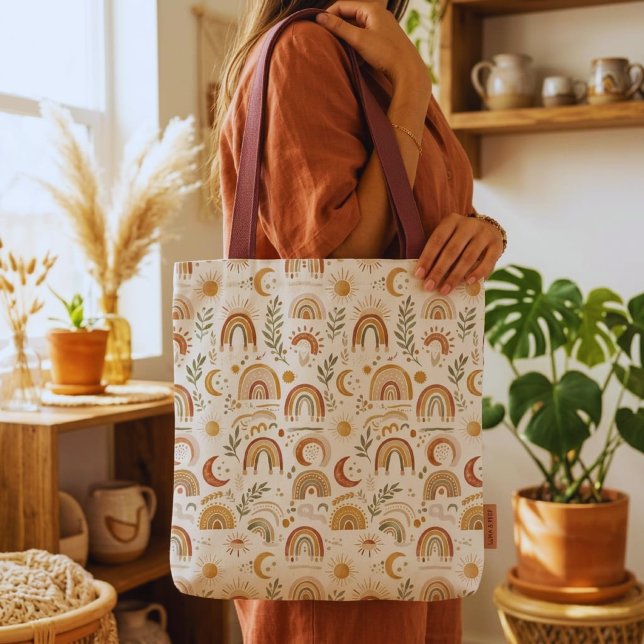 Earthy Boho Rainbow and Botanical Canvas Tote Bag (Trendy Boho Terracotta Rainbow Tote Bag for busy moms. Earthy aesthetic daily shoulder bag.)