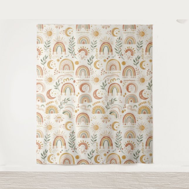 Earthy Boho Rainbow Nursery Wall Tapestry (Front)