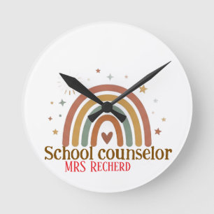 Earthy Boho Rainbow School Counsellor Sign Round Clock