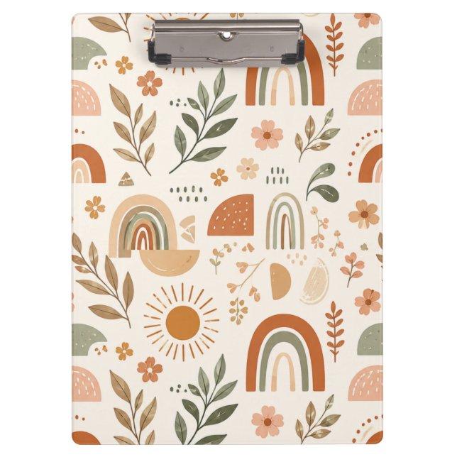 Earthy Boho Rainbow Sun Floral Clipboard (Front)