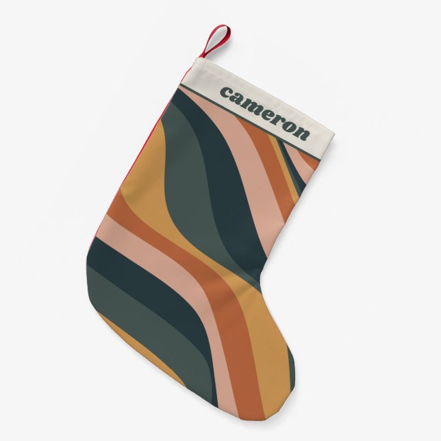 Earthy Boho Wavy Lines Terracotta Personalised Small Christmas Stocking (Front (Hanging))