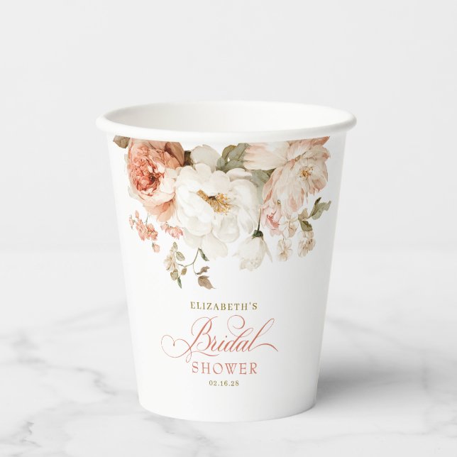 Earthy Botanical Dusty Rose Floral Bridal Shower Paper Cups (Front)