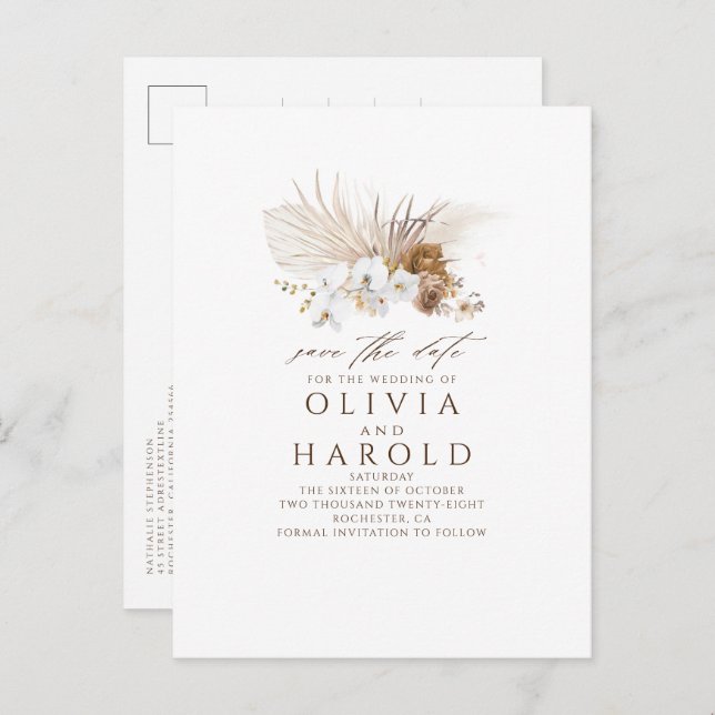 Earthy Brown Floral Boho Exotic Save The Date Announcement Postcard (Front/Back)