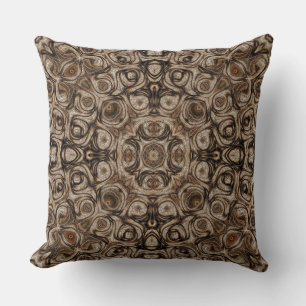 Earthy Brown Swirl Mandala with Woodgrain Effect Cushion