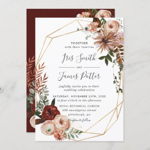 Earthy Burgundy Blush Orange Greenery Fall Wedding Invitation