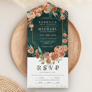 Earthy Burnt Orange Floral Emerald Green Wedding All In One Invitation