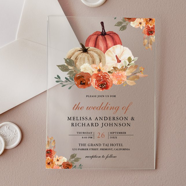 Earthy Burnt Orange Floral Pumpkin Wedding Acrylic Invitations (Creator Uploaded)