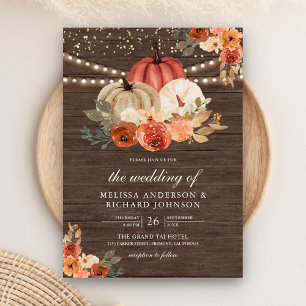 Earthy Burnt Orange Floral Pumpkin Wood Wedding Invitation