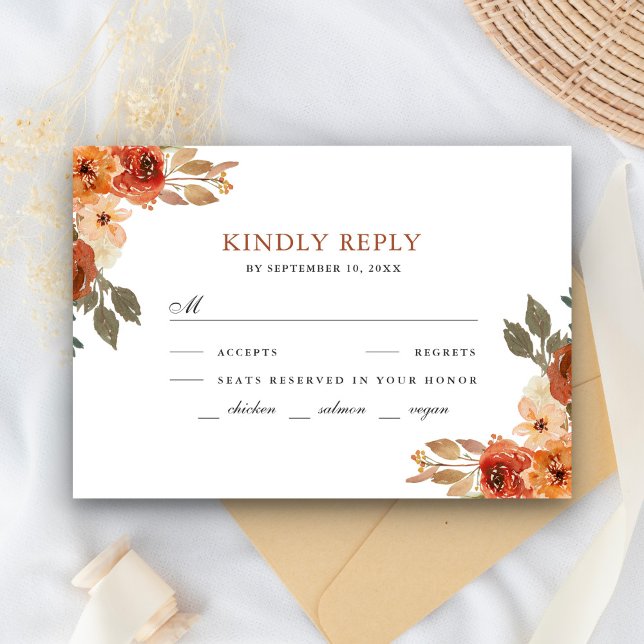 Earthy Burnt Orange Floral Terracotta Wedding RSVP Card (Creator Uploaded)