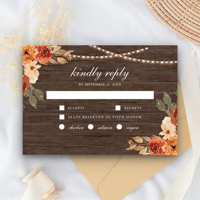 Earthy Burnt Orange Floral Wood Terracotta Wedding RSVP Card (Creator Uploaded)