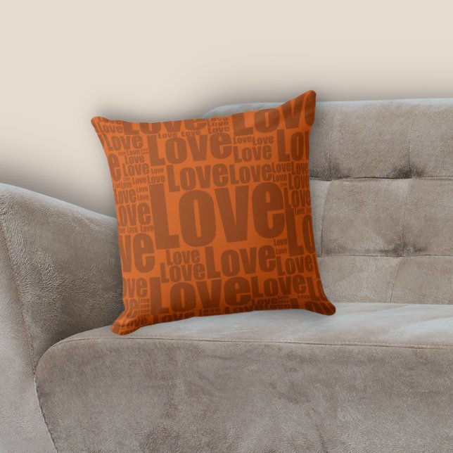 Earthy Burnt Orange Love Typography Pattern Cushion (Warm Earthy Burnt Orange Love Typography Pattern Throw Pillow, Living Room Decor)