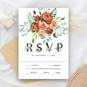 Earthy Burnt Orange Rose Terracotta Floral Wedding RSVP Card