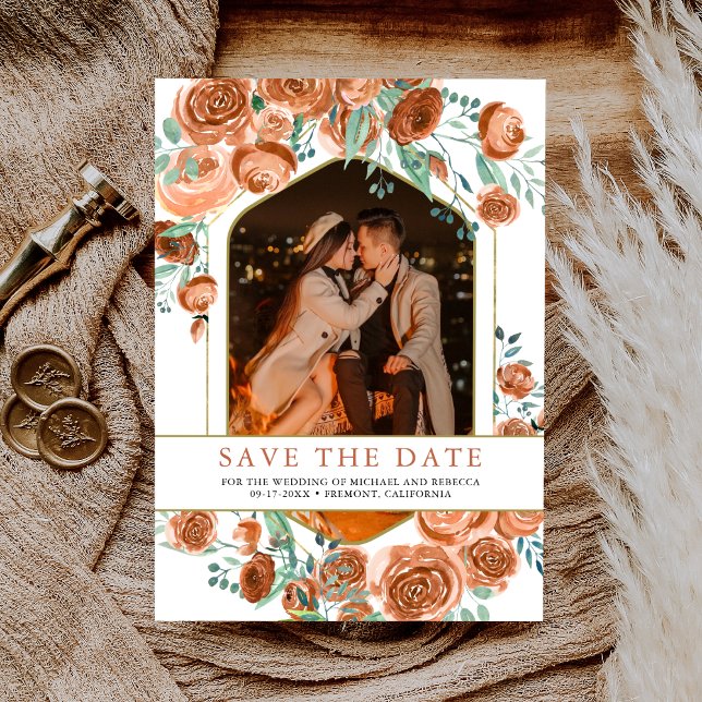 Earthy Burnt Orange Rose Terracotta Floral Wedding Save The Date (Creator Uploaded)