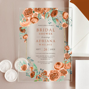 Earthy Burnt Orange Roses Floral Bridal Shower Acrylic Invitations
