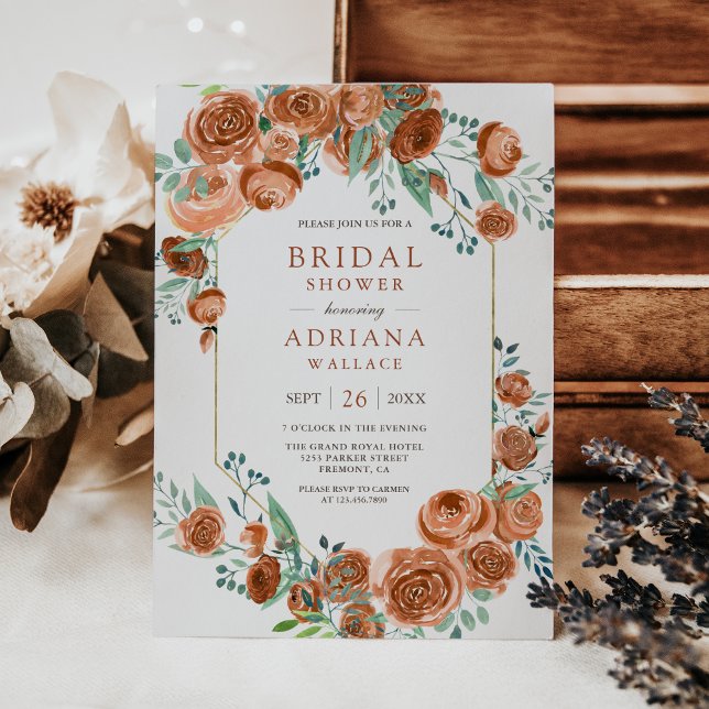Earthy Burnt Orange Roses Floral Bridal Shower Invitation (Creator Uploaded)