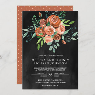 Earthy Burnt Orange Roses Floral Dark Grey Wedding Invitation