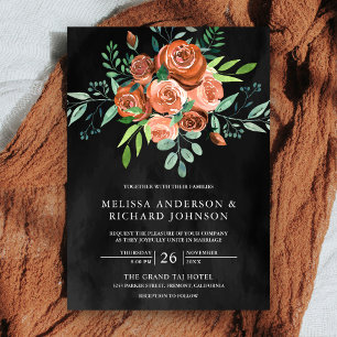 Earthy Burnt Orange Roses Floral Dark Grey Wedding Invitation