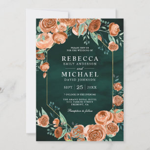 Earthy Burnt Orange Roses Floral Emerald Wedding Invitation