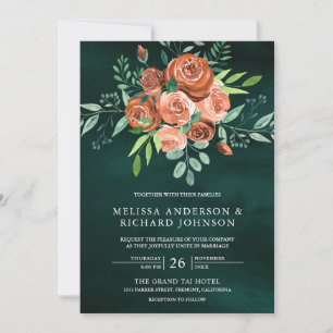 Earthy Burnt Orange Roses Floral Emerald Wedding Invitation
