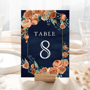 Earthy Burnt Orange Roses Floral Navy Blue Wedding Table Number