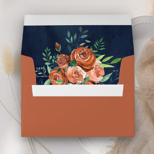 Earthy Burnt Orange Roses Terracotta Floral Navy Envelope