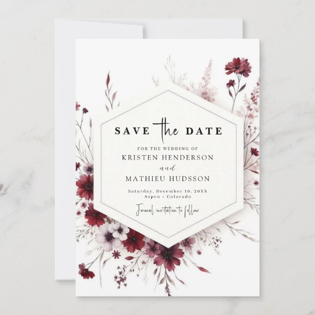 Earthy Chic Burgundy Floral Wedding Save The Date (Front)