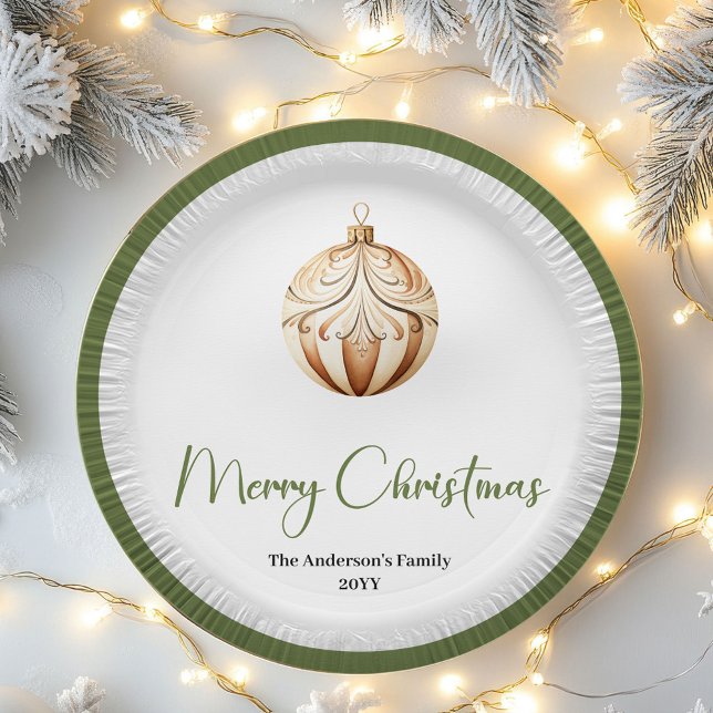 Earthy Christmas Bauble Family Name Holiday   Paper Plate (Personalized Minimal Christmas Tree Tableware Bundle)