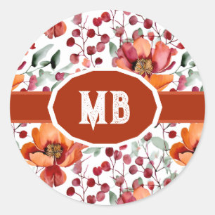 Earthy Colors, Fall Flowers Monogrammed Classic Round Sticker