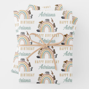 Earthy Colors Rainbow Jungle Animals Birthday Name Wrapping Paper Sheet
