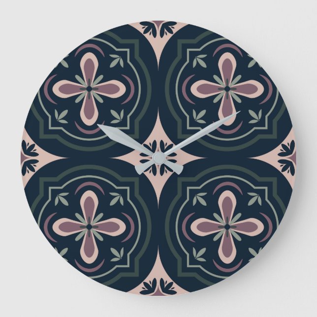 earthy coloured floral geometric tiles large clock (Front)