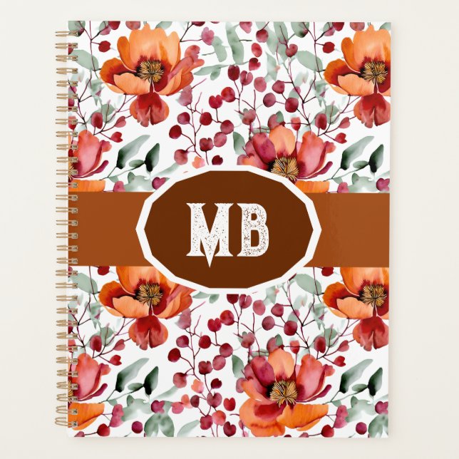 Earthy Colours, Fall Flowers Monogrammed Planner (Front)