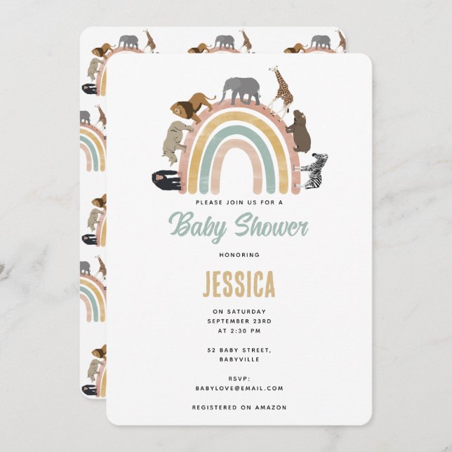 Earthy Colours Rainbow Jungle Animals Baby Shower Invitation (Front/Back)
